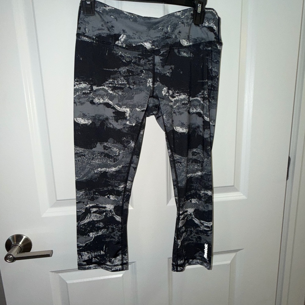 Reebok Black and Gray Camouflage Capri Leggings